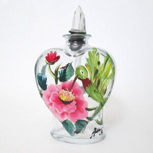 Hand Painted Glass Perfume Bottle Heart Shaped Flower & Humming Bird Signed